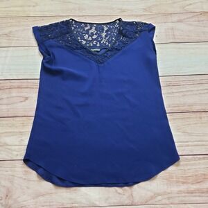 Express Lace Yoke Blouse Womens Medium Royal Blue V-Neck Cap Sleeve Top Ladies